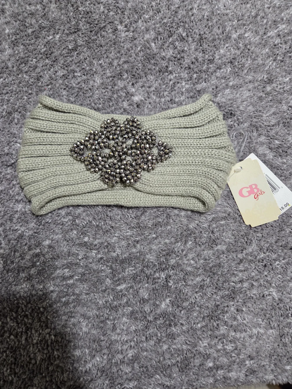GB girls Sage/gray Knit Headwrap with Beaded Medallion